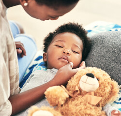 Tired, kid and sleeping with teddy bear on bed for child development, comfortable and peace. Black...