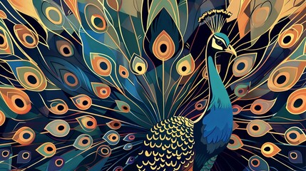 art deco style image of of a majestic peacock. The colors should be vibrant gradients