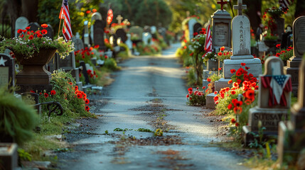 A long winding path through a military cemetery flanked by tombstones with red poppies and American flags on either side captured on Memorial Day.