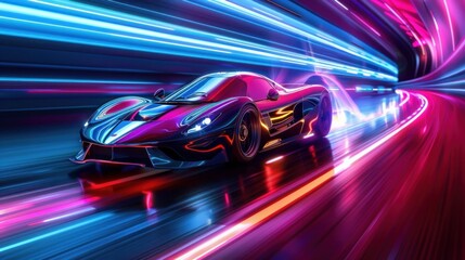 Fototapeta premium A dynamic scene of a speeding sports car on a neon-lit highway
