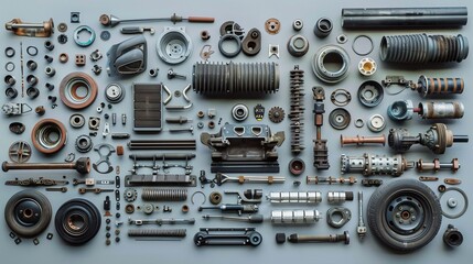 Fototapeta premium An assortment of various car parts spread out, showing a range of components from a modern vehicle.