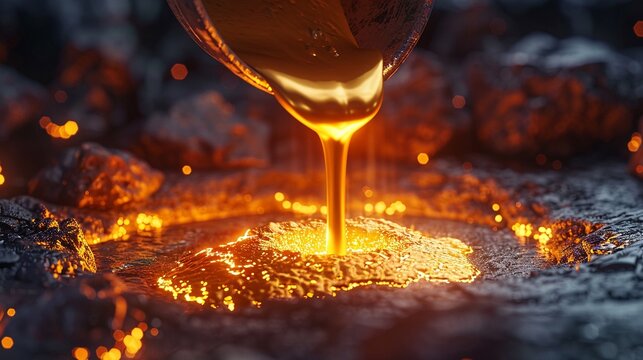 A detailed view of pouring liquid gold into a graphite casting form, capturing the elegance and precision of gold molding 8K , high-resolution, ultra HD,up32K HD