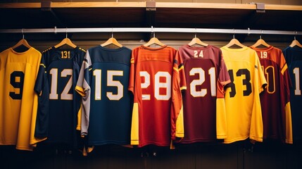 Sports T-shirts with Numbers Hanging, Await Athletes in Football Locker Room,