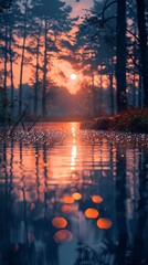 Sunset Over a Tranquil Lake Surrounded by Silhouetted Pine Trees