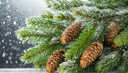 fir branches with snowflakes and pine cones close up