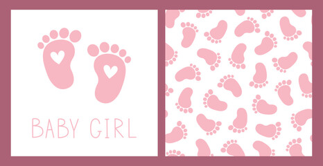 Baby girl card and seamless pattern, perfect for baby shower party. Pink newborn footprints and handwritten text. Kids vector illustration.