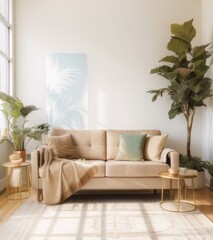 Modern interior with a beige sofa and wooden side table near a white wall mock up, plants in pots on the floor, a window with natural light.