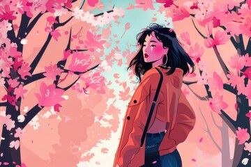 Fototapeta premium A woman standing in front of a tree with pink flowers. Ideal for nature and beauty concepts