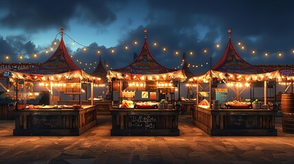Fototapeta premium lively essence of a festival through a detailed digital rendering technique, showcasing an array of food stalls from a frontal perspective, each unique in d offerings