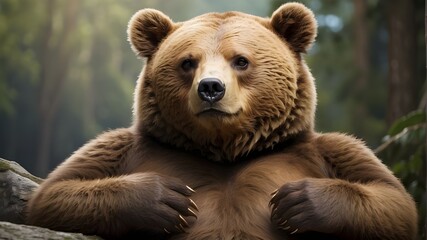 The bear seems content and at peace in its own skin, eager to bring happiness and laughter to anyone around it, as evidenced by its calm attitude and easygoing posture.