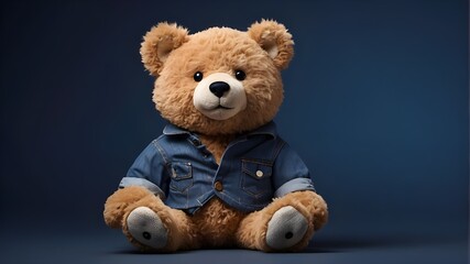 Obraz premium Adorable teddy bear, clothed casually, grinning broadly and projecting a hilarious carton-style attitude. The bear is relaxed, cool, and funky on a dark blue backdrop with copy space.