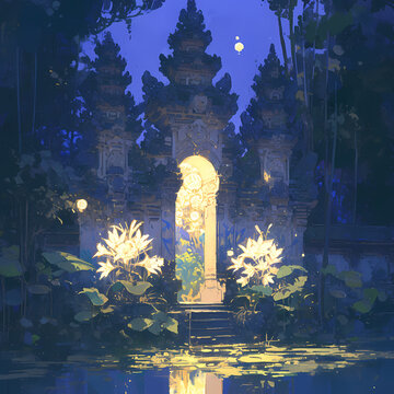 Captivating Twilight Scene: Ancient Pagoda with Glowing Lanterns in Serene Garden Atmosphere