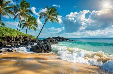 A serene beach scene in Hawaii, with crystalclear turquoise waters and black lava rocks leading to the shore.