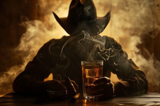 Cowboy drinks whiskey and smokes a cigar