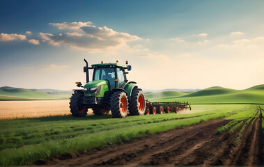Advanced Tractor Managing Precision Farming in Verdant Agricultural Fields with Space for Text