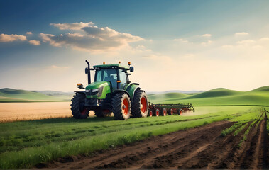 Obraz premium Advanced Tractor Managing Precision Farming in Verdant Agricultural Fields with Space for Text