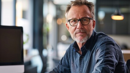 Fototapeta premium A senior boss with glasses, working on computer in modern office at work