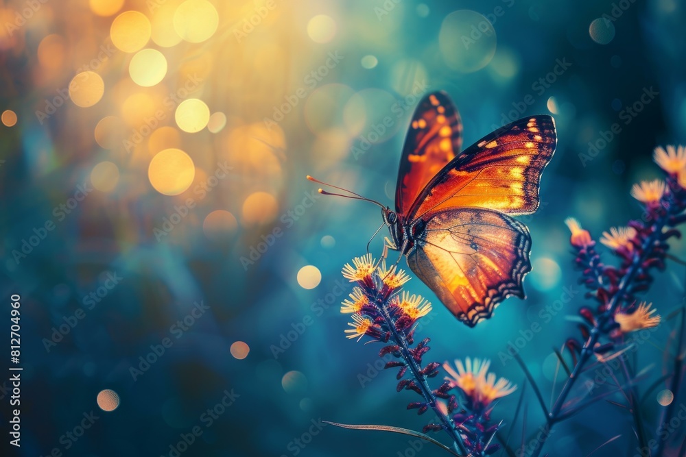 Poster Vibrant butterfly rests on wildflowers against a glowing, bokeh background