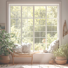 Escape to a tranquil oasis with this sunlit window seat. A cozy setting for relaxation, surrounded by nature and a warm atmosphere.
