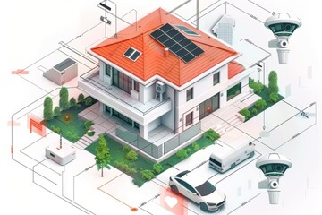 Naklejka premium Presentation illustration on white background: Alarm System with secruity cameras at smart home, 4k stock illustration --chaos 10 --ar 3:2 --style raw Job ID: 6e8054c7-a698-4438-89c4-7e4ecabfda65