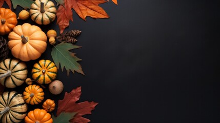 Autumn decoration concept made from autumn leaves and pumpkin on dark background. copy space