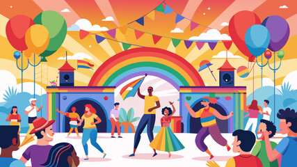 Vibrant Plaza Celebration: Rainbow Party. Perfect for: Pride events, LGBTQ+ parties, community gatherings, Event posters, social media banners, party invitations.