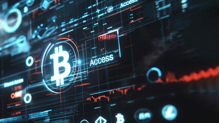 Obraz premium Dynamic and intricate interface of digital cryptocurrency access system, bitcoin logo is illuminated amidst backdrop of digital interfaces, graphs, and data visualizations with word ACCESS highlighted