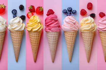 Frozen dessert cones with various flavors and berries on pink and blue backdrop