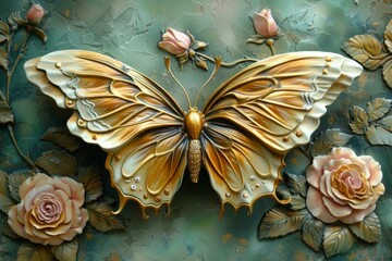 Captivating 3d wall art of a golden butterfly surrounded by intricate rose designs