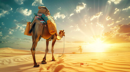  A Camel's Resolute Witness to the Magnificence of a Sandstorm Unfolding at the Precipice of Sundown in the Desert"
