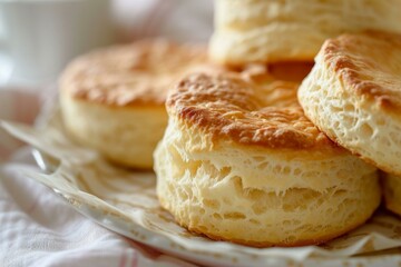 Close-up of freshly baked biscuits on a white plate with a blurred background