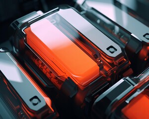 Reflective battery modules with SolidState Battery text, solidstate battery theme, side view, emphasizing advanced technology, technology tone, Analogous Color Scheme