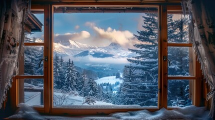 Fototapeta premium Beautiful snowy winter morning behind the chalet window. Beautiful mountain view