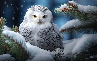 Snowy Owl with pristine white plumage perched on a snow covered pine, serene winter landscape