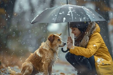 A woman kneeling down with a dog under an umbrella. Suitable for pet care or rainy day concepts - Powered by Adobe