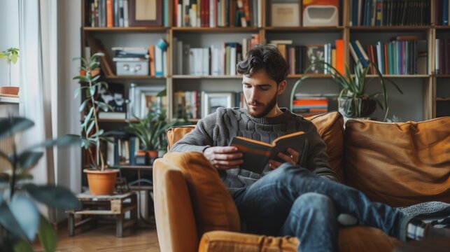 A man sitting on a couch, engrossed in reading a book