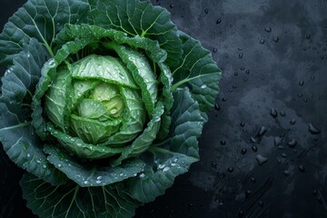 Fototapeta premium Close-up of a fresh dewy green cabbage with water droplets on dark background