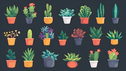 Assortment of Vibrant Potted Succulents and Cacti on Black Background Showcasing Diverse Indoor Plants and Botanical Arrangements