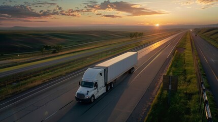 Semi Truck Driving at Sunset