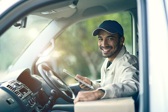 Delivery man, portrait and tablet in van for online information on schedule, digital logistics and dispatch details or updates. Person, technology and tracking on courier app for distribution.