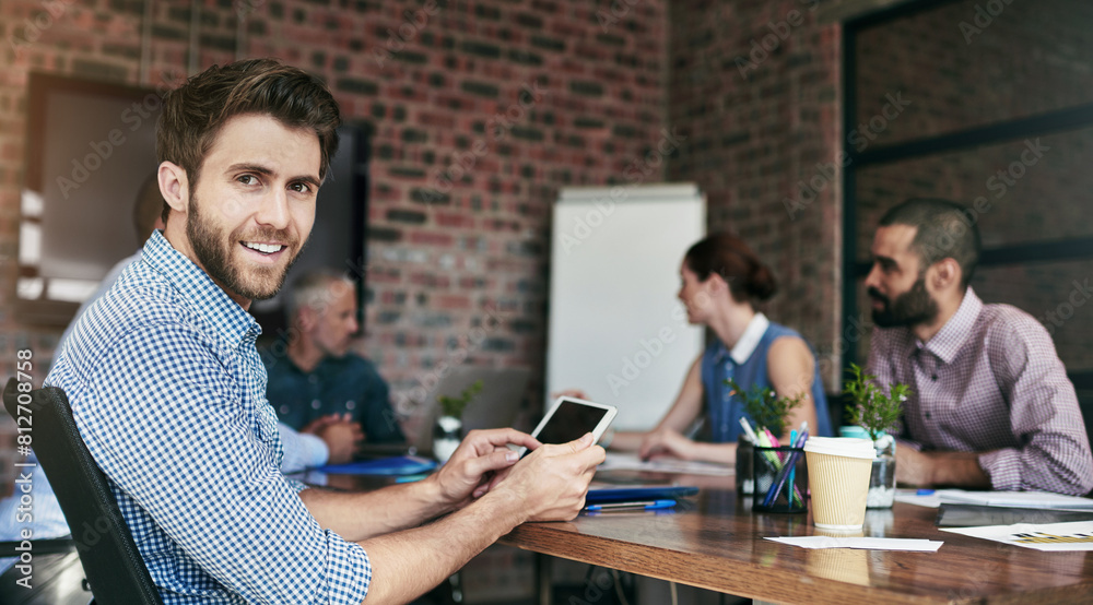 Aufkleber portrait, smile and businessman with phone in meeting for creative business plan, tech or networking