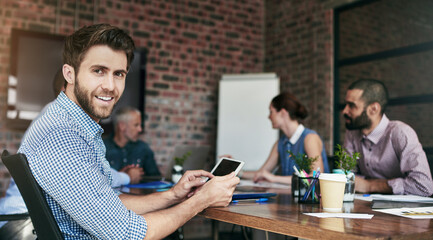 Portrait, smile and businessman with phone in meeting for creative business plan, tech or...