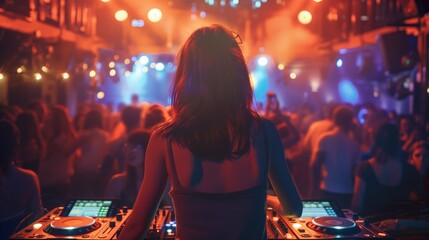 Female DJ spins for energetic dancers in a nightclub.