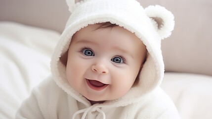 portrait of a cute smiling baby. Cute baby in bed on his stomach with his head up looking with his big eyes. Warm and soft beige clothing. Close up.