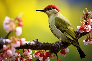 Obraz premium European Green Woodpecker with a green back perched in a flowering cherry tree, spring setting