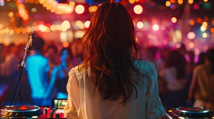 Female DJ captivates club with electrifying set.