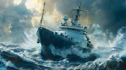 Fototapeta premium Depict a modern oceanographic vessel braving stormy seas, with researchers deploying advanced equipment to study deepsea phenomena