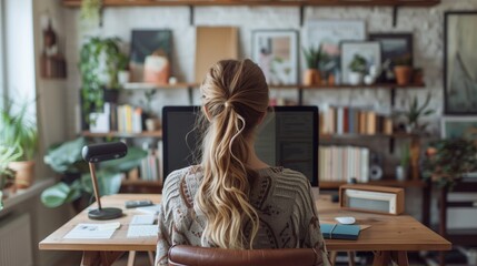 A woman is seated at a desk in her home office, focusing on her computer screen