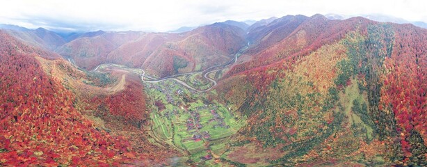 360 degree circular panorama of the autumn Carpathians from a drone photo, Ukraine