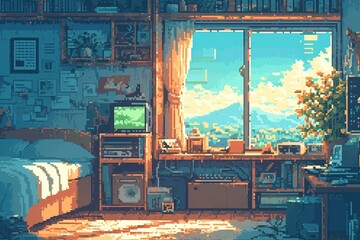 8bit pixel art, A cozy bedroom with retrofuturistic elements like an oldfashioned television set and a small bookshelf. 